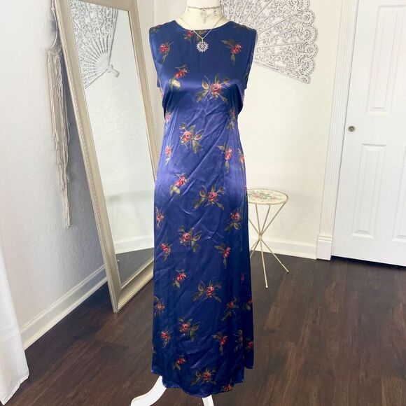 Gap Vintage 90s Witchy Whimsygoth Dark Blue Gray Rose Satin Midi Dress M - Picture 2 of 8